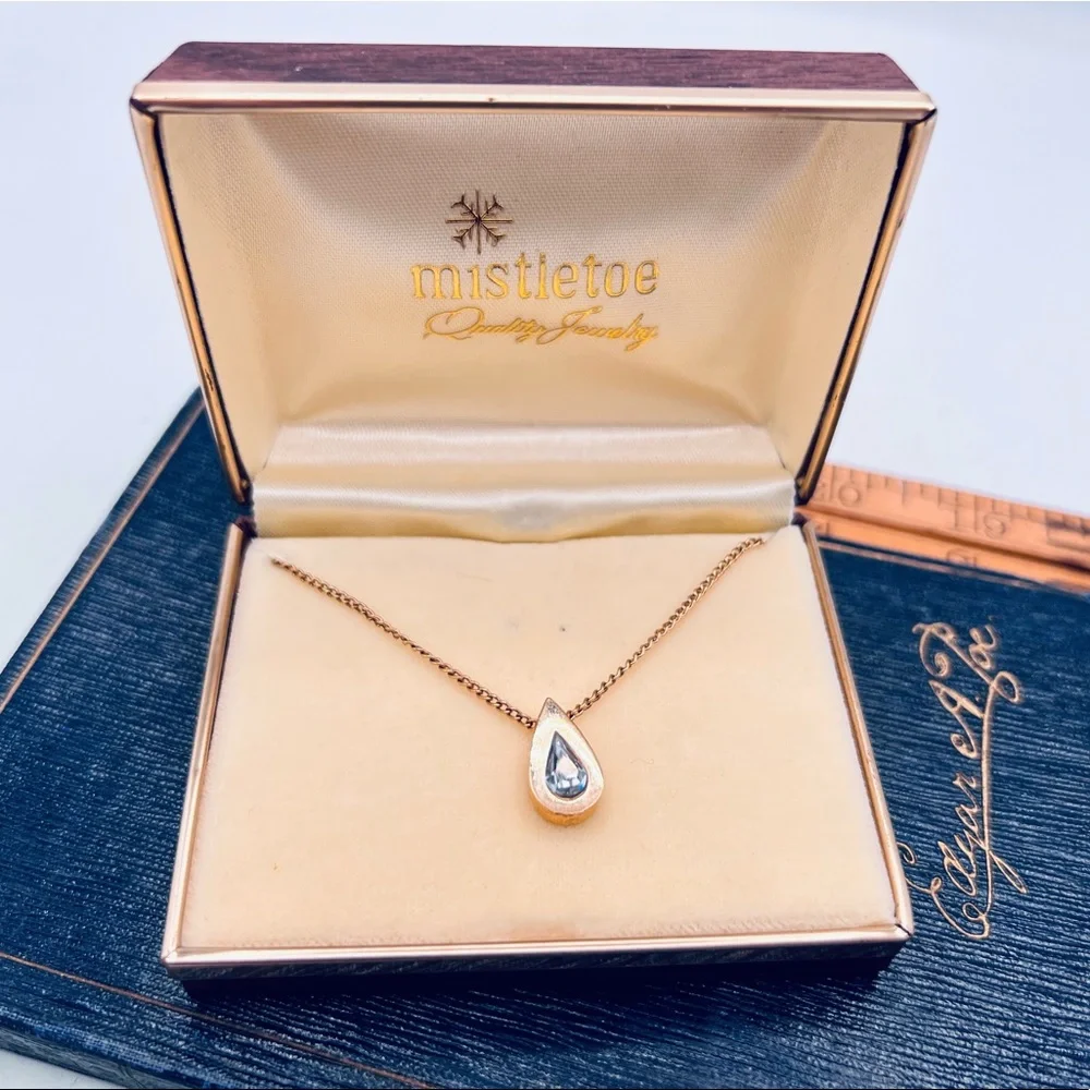 Vintage AVON necklace teardrop pendant pale blue rhinestone